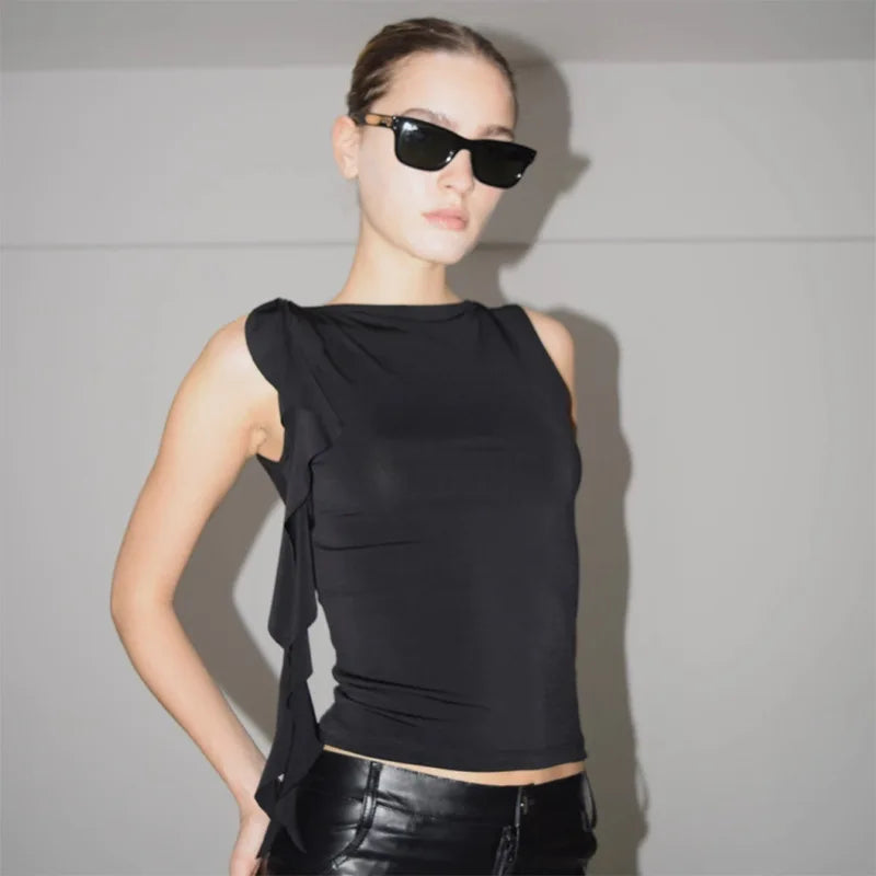 Summer Women'S TOP NEGRO VOLANTE LATERAL
