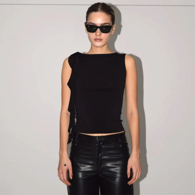 Summer Women'S TOP NEGRO VOLANTE LATERAL