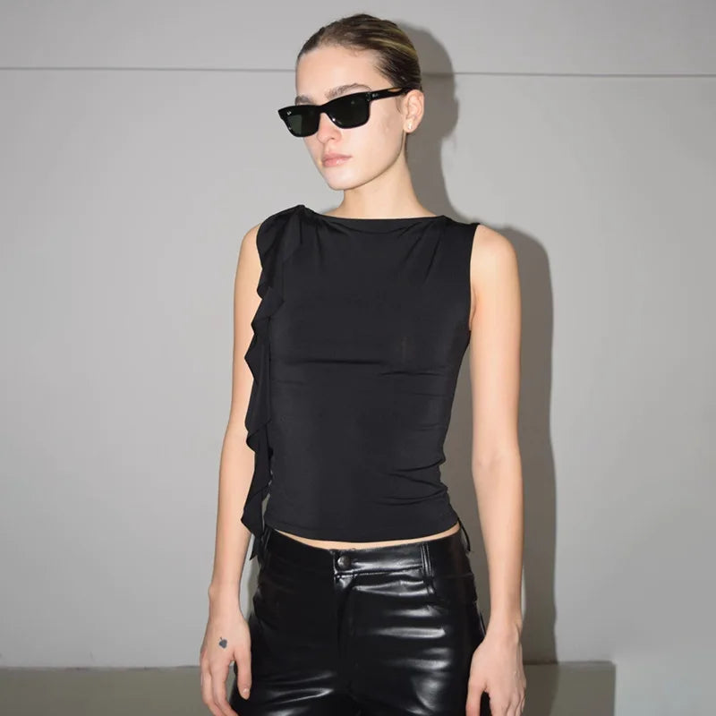 Summer Women'S TOP NEGRO VOLANTE LATERAL